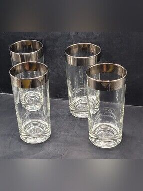 Vintage Platinum Rim Silver Band Highball Glasses Tumblers Set of 4 MCM Clear